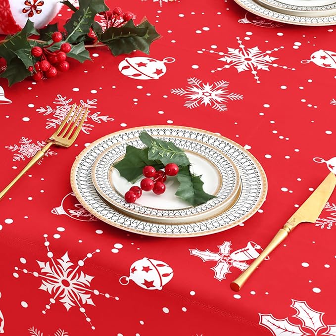 misaya Rectangle Waterproof Vinyl Table Cloth, Wipeable Tablecloth with Flannel Backing, Plastic Table Cover for Dinner, Christmas Party (Bells, 60" x 102")
