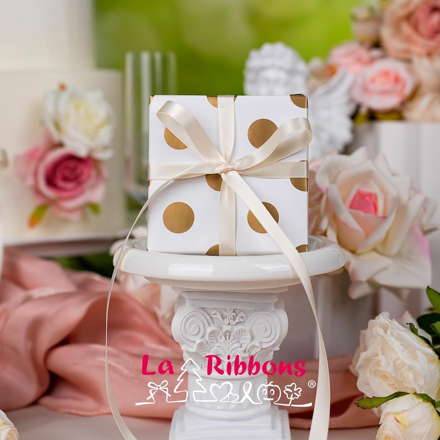 LaRibbons 3/8 Inch 50 Yard Double Faced Satin Ribbon,Ivory Small Satin Craft Fabric Ribbon for Gift Wrapping Floral Bouquets Wedding Party Decoration