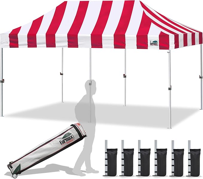 Eurmax USA 10'x20' Pop Up Canopy Tent Commercial Instant Canopies with Heavy Duty Roller Bag,Bonus 6 Sand Weights Bags (Stripe Red)