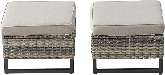 HUMMUH Outdoor Ottomans for Patio Set of 2 PE Wicker Outdoor Footstool with Removable Weather-Resistant Cushions for Patio, Backyard