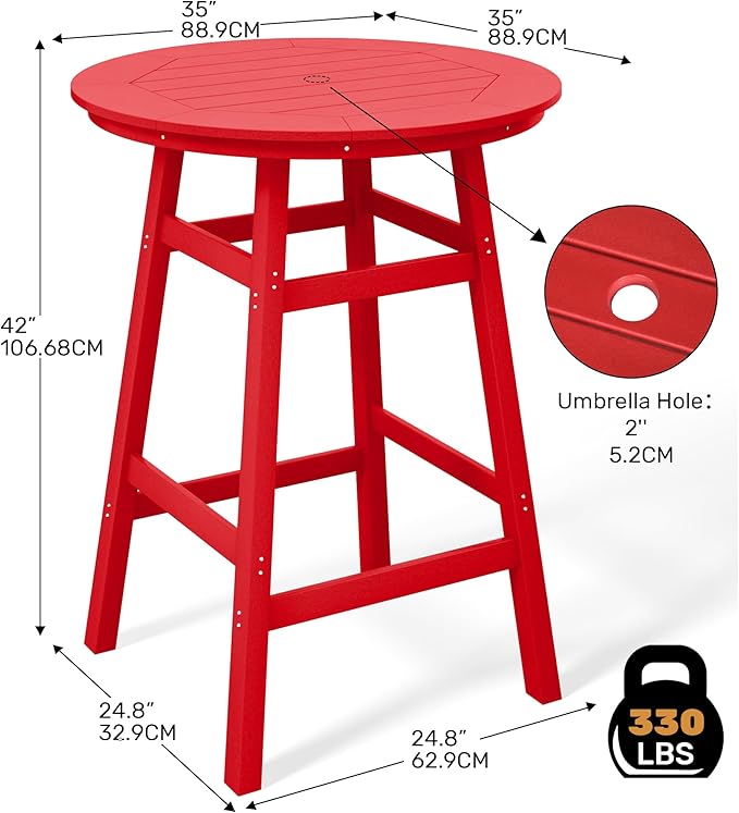 Costaelm Patio Bistro Table, 42" Counter Height Round Patio Cocktail Bar Table with Umbrella Hole, Outdoor Bistro Dining Pub Table for Front Porch Deck Backyard Garden, Red