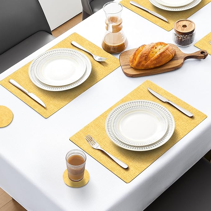 MOSAYT Placemats Set of 4, Heat Resistant Vinyl Place Mats with Coasters, 100% Waterproof Wipeable Washable Faux Leather Table Mats for Kitchen Dining Party Indoor Outdoor, 12" x 17", Yellow