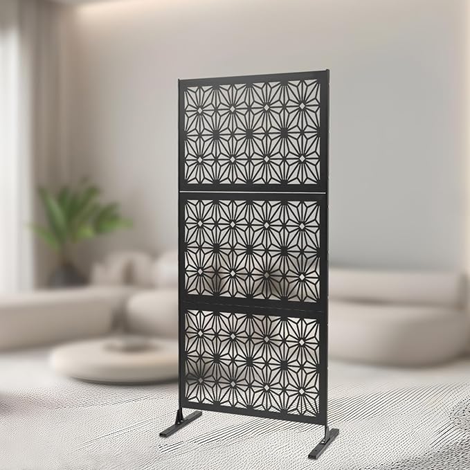 75" H×35" W Decorative Outdoor Privacy Screen with Stand, Outdoor Decor Privacy Fence Screen Metal Fence Panels, Free Standing Metal Divider for Patio Lawn Deck (Black-Snowflake)