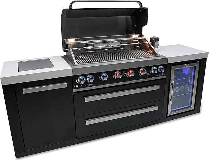 Mont Alpi MAi805-BSSFC 44-inch 6-Burner 115000 BTU Black Stainless Steel Gas Outdoor Kitchen Bar Island Grill w/Wine Cooler Beverage Center Refrigerator + Infrared Side Burner + Granite Countertop