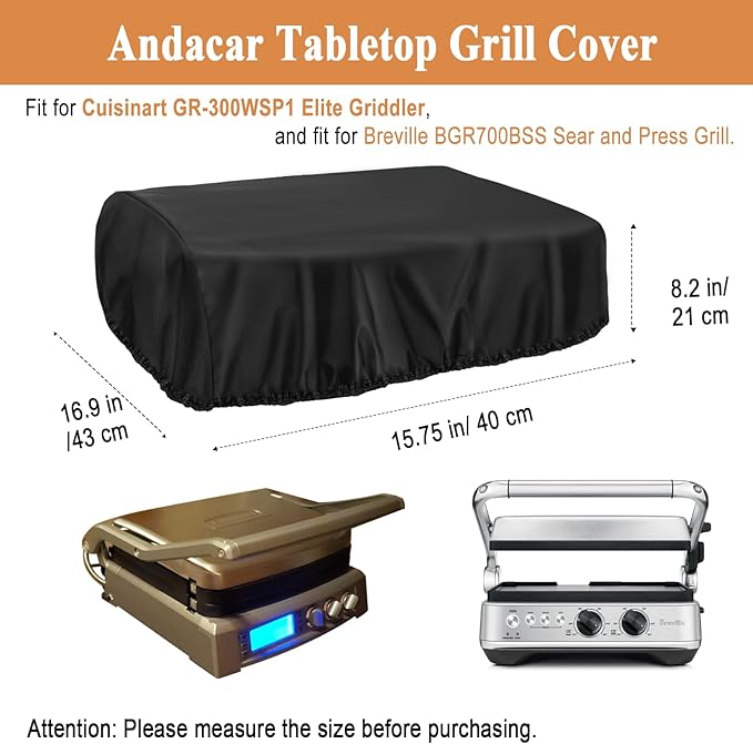 Tabletop Grill Cover for Cuisinart GR-300WSP1 Elite Griddler, Heavy Duty Griddle Cover Waterproof Panini Press Cover - 15" L×17" W×8" H, Black
