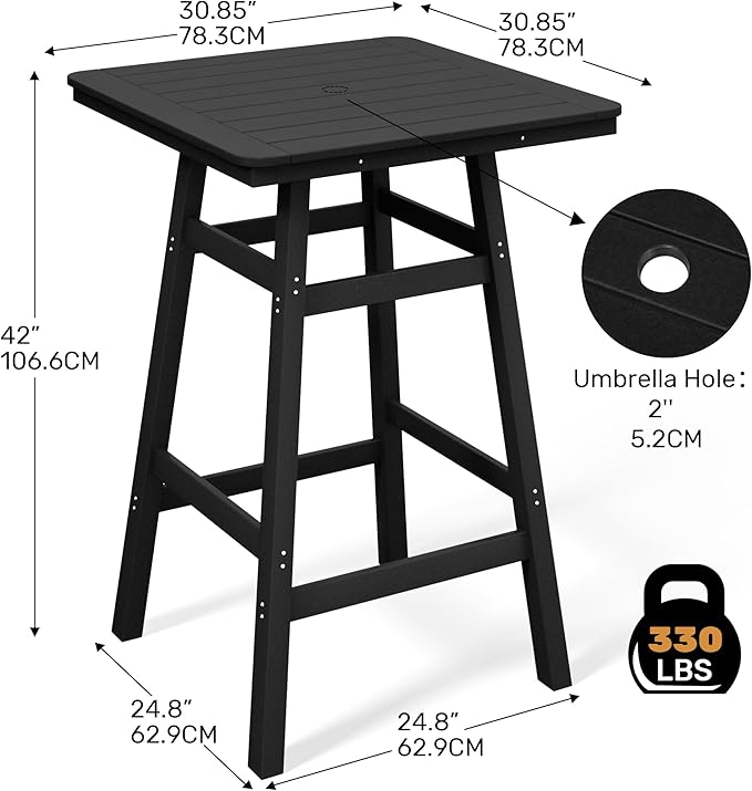 Costaelm Outdoor Bar Table, 42" Counter Height Square Patio Cocktail Bar Table with Umbrella Hole, Patio Bistro Dining Pub Table for Front Porch Deck Backyard Garden, Black