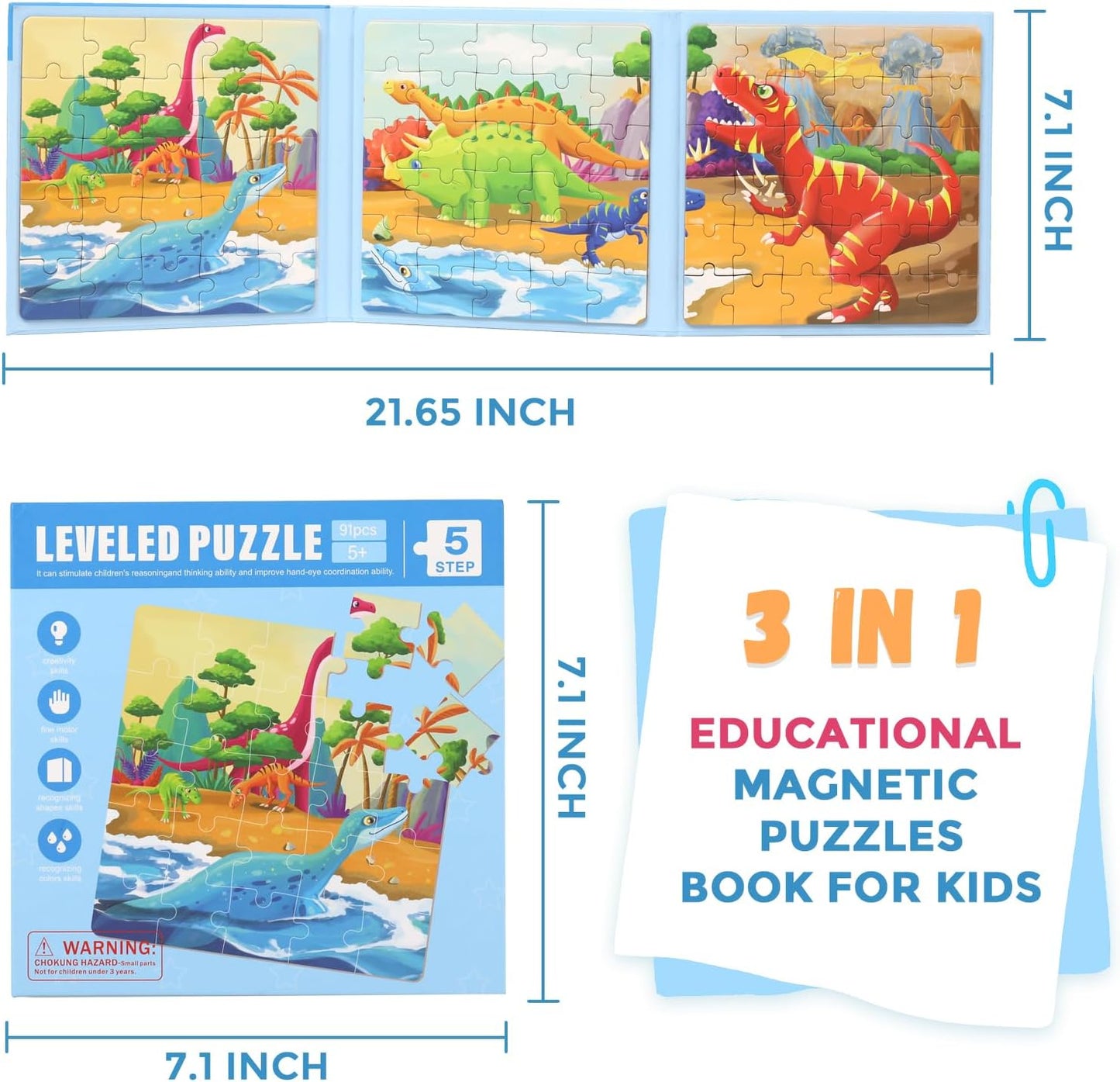 Magnetic Puzzles for Kids Ages 4-8, 3 in 1 Dinosaurs Magnet Jigsaw Puzzle Book, Toddlers Travel Puzzles Toys, Preschool Learning Toy for Kids 3-8 Year (Dinosaurs)
