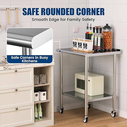 Stainless Steel Work Table with Wheels, 24x30 Inch NSF Food Prep Table with Backsplash & Adjustable Undershelf for Commercial Kitchen, Restaurant, Garage, Outdoor BBQ