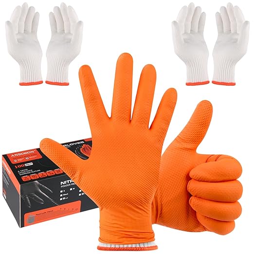 BBQ Gloves for Grilling Disposable Heat Resistant - 100 Nitrile Gloves + 4 Reusable Cotton Liners for Cooking Smoker -Orange Large