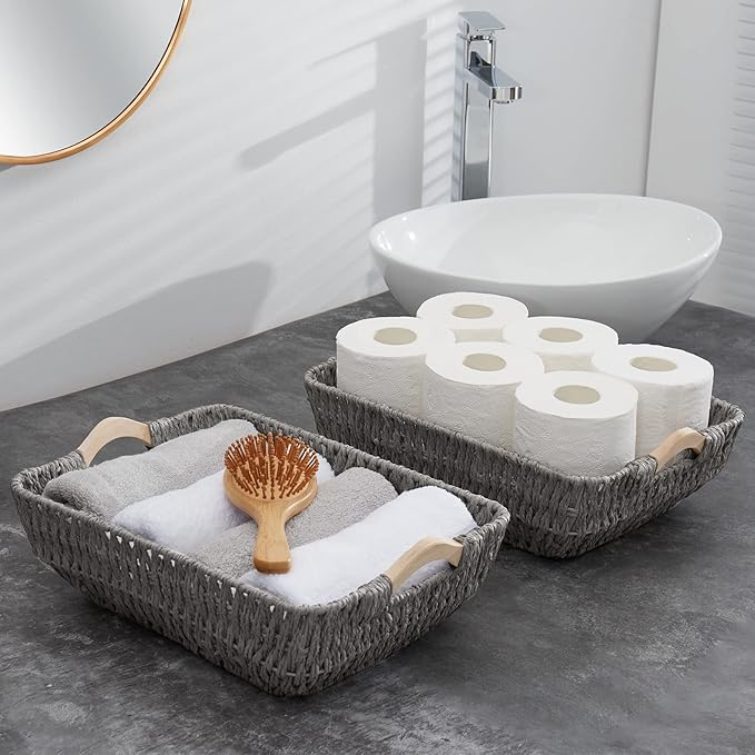 FairyHaus Wicker Baksets 2Pack 15x10x5, Recyclable & Renewable Paper Rope Wicker Storage Bakset with Solid Wood Handles, Wicker Baskets for Shelves Organizing, Grey