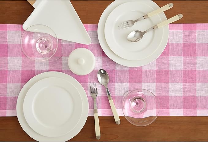 Solino Home Linen Checkered Table Runners 72 Inches Long - 100% Pure Linen Pink Begonia Buffalo Check Table Runner 14 x 72 Inch Ideal for Dresser, Dining, Valentines, Spring, Easter