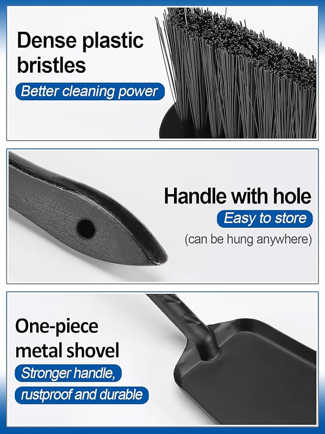 Aulock Heavy-Duty Metal Fireplace Ash Shovel and Brush Set, Upgraded Coal Shovel and Hearth Brush Set, Large Fireplace Fire Pit Tools for Wood Stove Hearth Cleaning