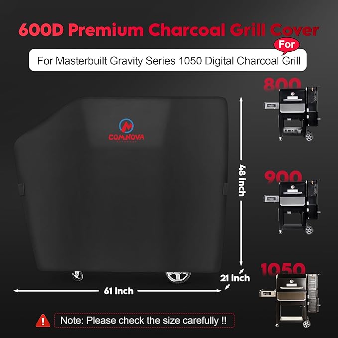 Comnova Grill Cover for Masterbuilt Gravity Series 1050 Digital Charcoal Grill and Smoker, Waterproof & Heavy Duty, 600D Charcoal Grill Cover for MB20040220, Black (61" x 21" x 48")