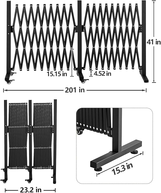 TECSPACE Aluminum Expandable Garden Fence, Portable Barricade Gate with Casters, Expansion Size 201×15.2×40.6 inches, Adjustable Flexible Fence Mobile Barricade Safety Barrier