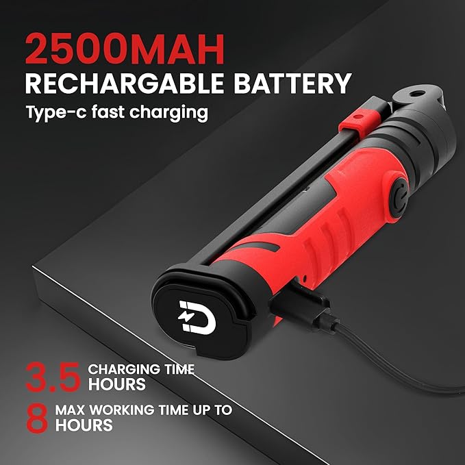 Rechargeable LED Work Light, Magnetic Flashlight Mechanic Light Tool for Men Him, Foldable Lamp with Hook for Car Repair Emergency BBQ Grill (2 Pack)