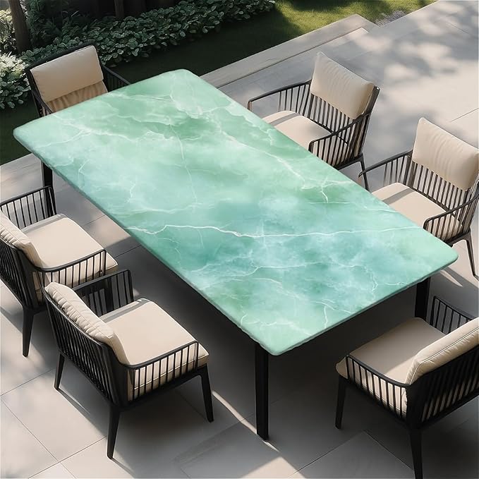 Rectangle Table Cloth Cover Waterproof Elastic Fitted Polyester Fitted Tablecloths for 6 Foot Tables for Indoor,Picnic, Camping, Outdoor （60" x 30"，Green Marble）