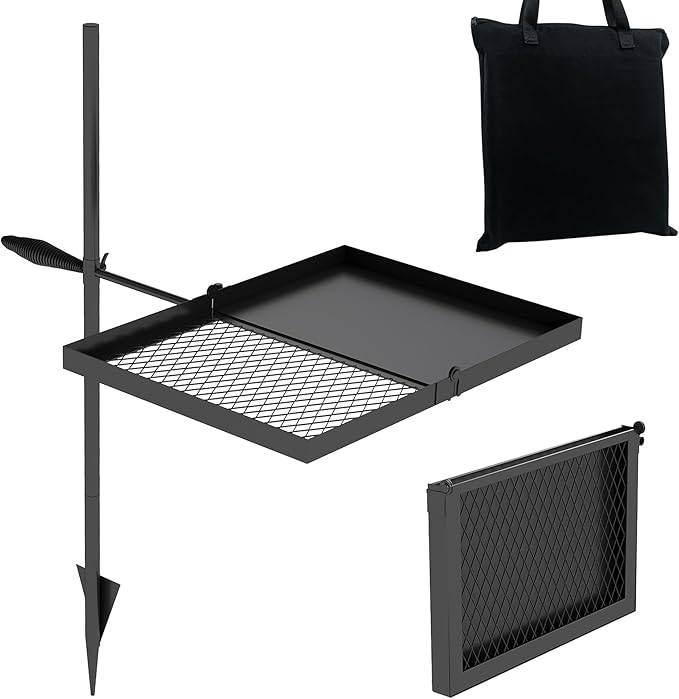 Folding Campfire Grill grate, Compact Height-Adjustable Fire Pit Grilling Grate, Heavy Duty Swivel Over Fire Cooking Grate with Handbag for Outdoor Camping Hiking Backpacking and Family Gatherings
