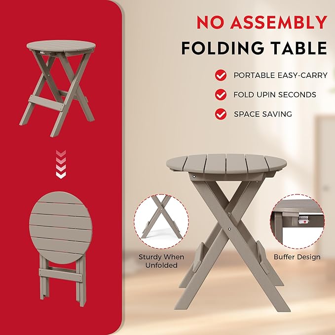 Costaelm Paradise HDPE Outdoor 24.5 Inch Round Portable Folding Patio Dining Table, Weathered Wood