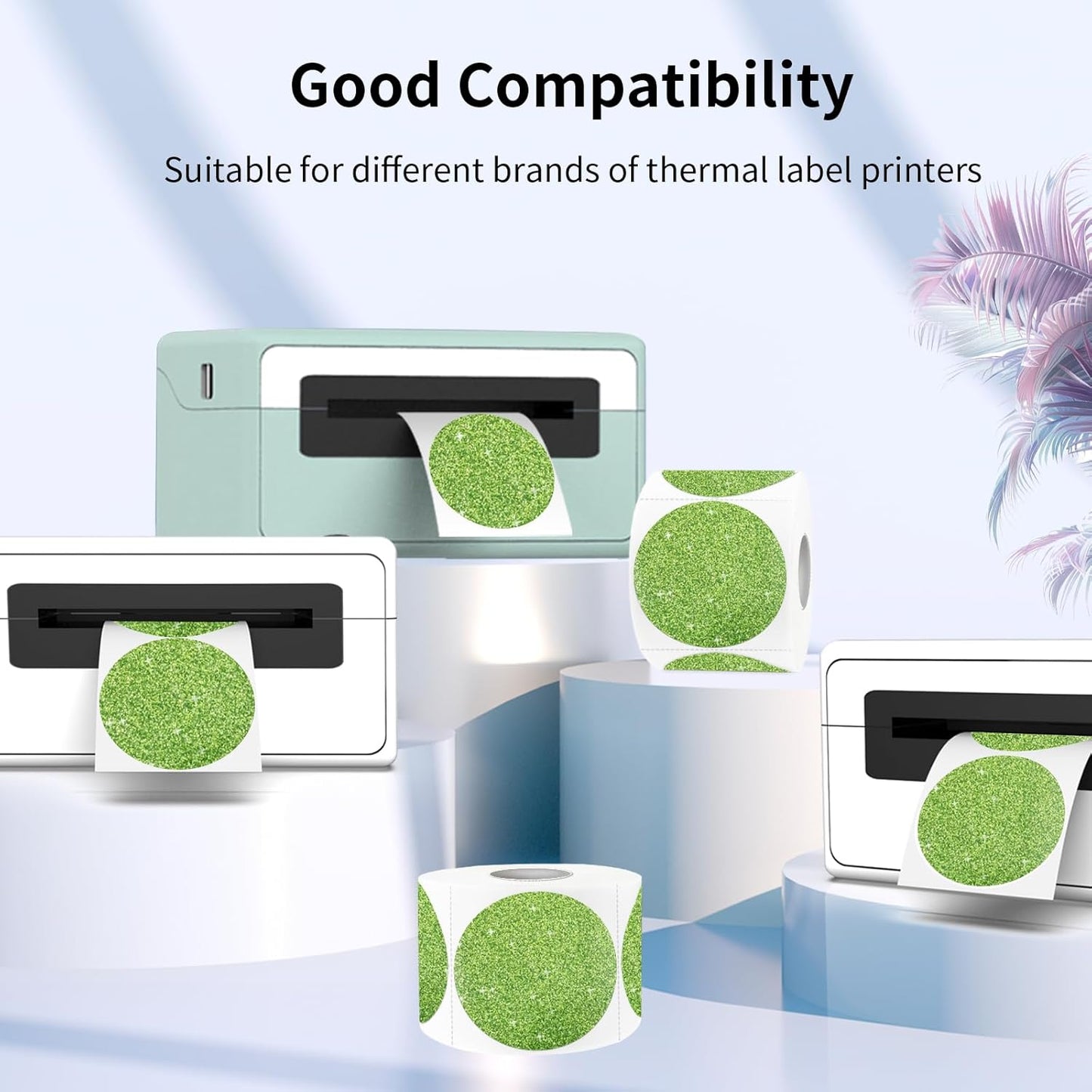2" Holographic Thermal Label Stickers, Round Direct Thermal Label Stickers, Glitter Thermal Printer Sticker Labels for Gift Wrapping, Self-Adhesive Custom Logo Design-Glitter Green