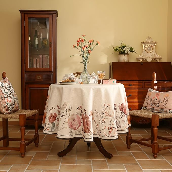 French Linen Round Tablecloth,Vintage Pink Table Floral Pattern Wrinkle Free Tablecloths,Decor Table Cover for Kitchen,Dining,Party,Thanksgiving,Christmas,Diameter 67"-Sloosa