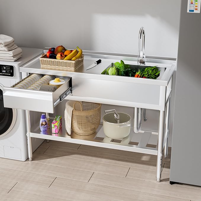 Stainless Steel Sink, Free Standing Single Bowl Commercial Kitchen Sink w/Workbench & Storage Shelf, w/Hot & Cold Water Pipes & Faucet for Laundry Room, Farmhouse, Indoor/Outdoor(47 inch)