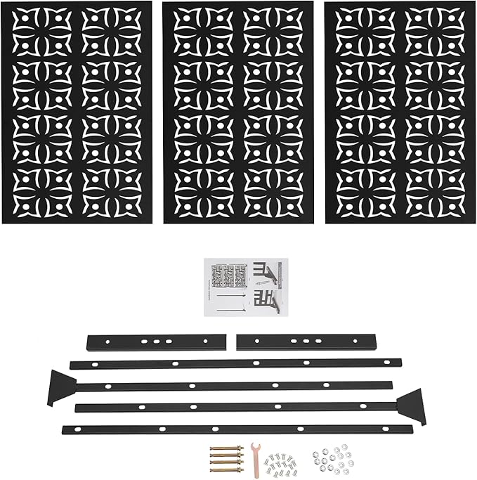 75" H×35" W Decorative Outdoor Privacy Screen with Stand, Outdoor Decor Privacy Fence Screen Metal Fence Panels, Free Standing Metal Divider for Patio Lawn Deck (Black-Orchid)