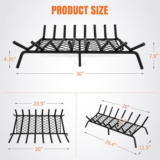 INNO STAGE Fireplace Grates with Ember Retainer - 30 Inch Fireplace Log Grate, Firewood Wood Log Holder Rack, Inside Wrought Cast Iron Fire Grate for Hearth Indoor Outdoor Camping