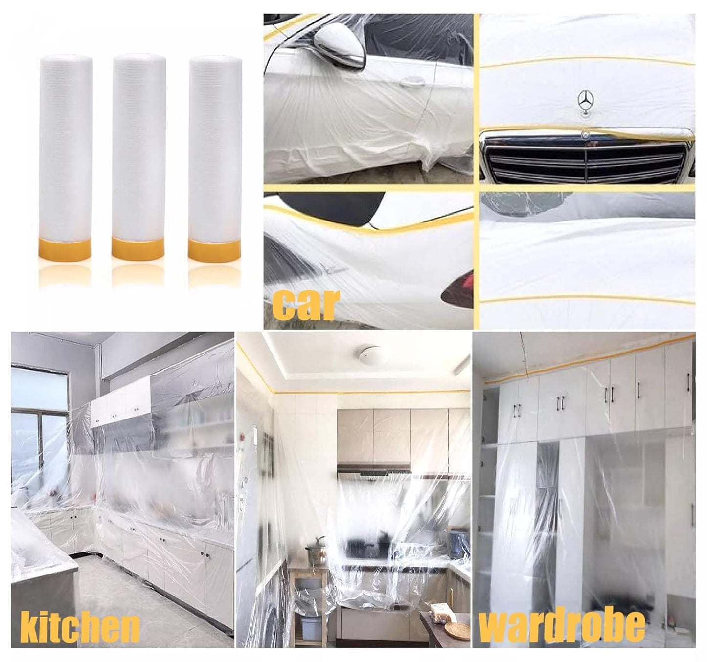 Painters Plastic With Tape, Pre-Taped Masking Film, 6 Rolls Automotive Best Tape and Drape, Paint Adhesive Protective Film Roll for Covering Skirting, Frames, Cars and Auto Body (5 X 65-Feet) (6)