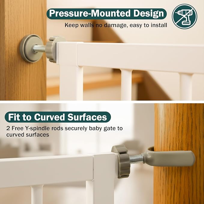 Mumeasy 36" Extra Tall Dog Gate, Auto Close Baby Gate for Stairs Doorways, 29.7-46" Wide Walk Thru Child Safety Gate for House, Easy Install Pressure Mounted Metal Pet Gate with Door, White