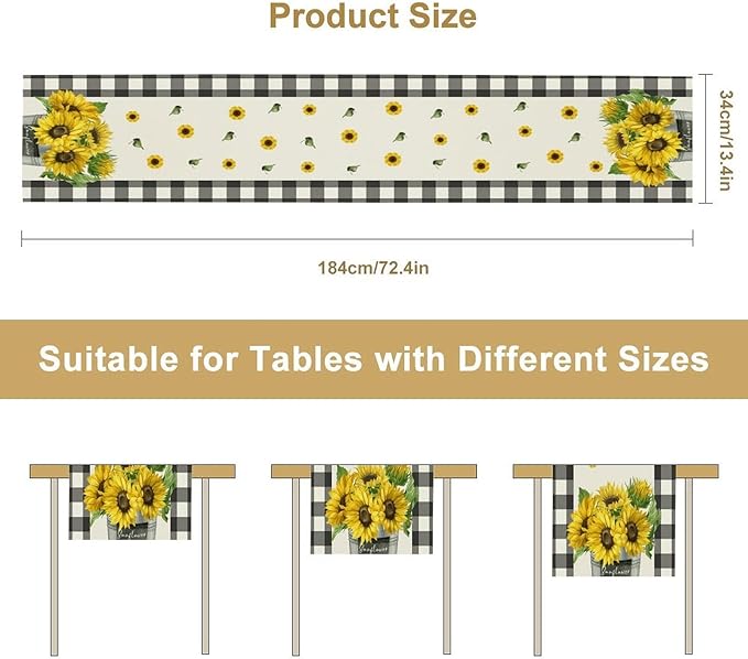 Morden Sunflower Table Runner,White Black Buffalo Plaid Watercolor Summer Flower Plants Leaves Print Table Runner for Kitchen Dining Table Holiday Home Party Decor 13x60in