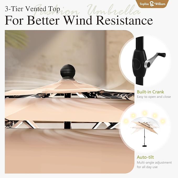 Sophia & William Metal Outdoor Patio Dining Set 6 PCS with 10ft 3 Tier Auto-tilt Umbrella(Beige), 4 x Metal Outdoor Chairs, 1 x Square 37"x 37" Dining Table and 1 Patio Umbrella