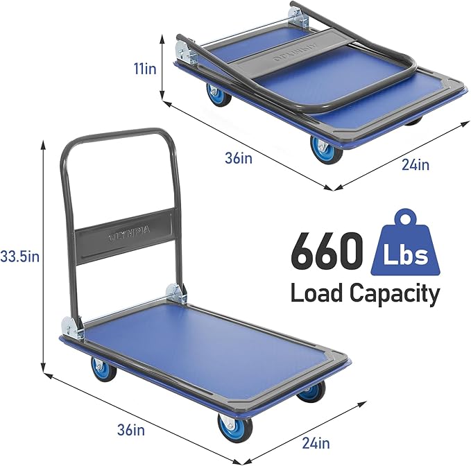 Olympia Tools Foldable Push Cart Dolly - 600 Lb. Capacity Heavy Duty Platform Truck with 360° Swivel Wheels - Blue