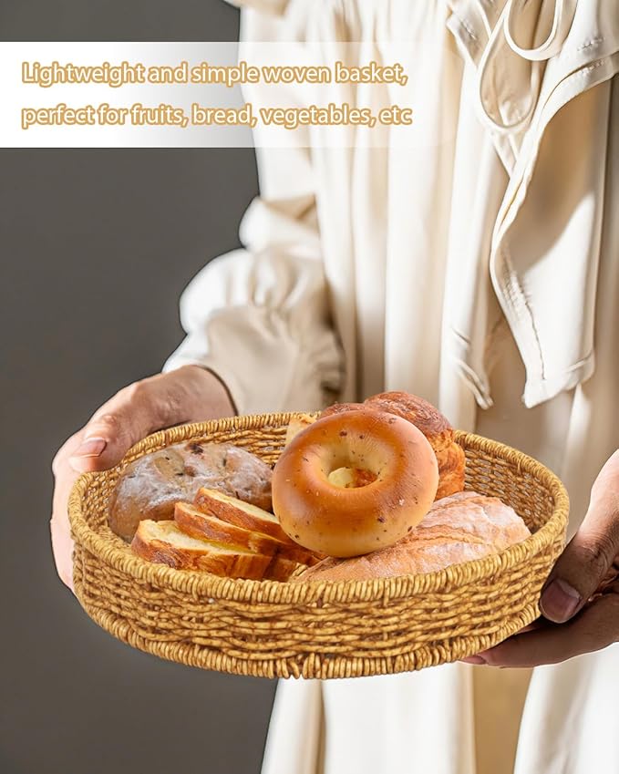 Woven Bread Basket, 3 Pack Wicker Fruit Baskets Rattan Bread Basket Poly Wicker Bread Baskets With Handles For Food Serving, Display, Vegetables, Home Kitchen, Restaurant, Outdoor (Round set)