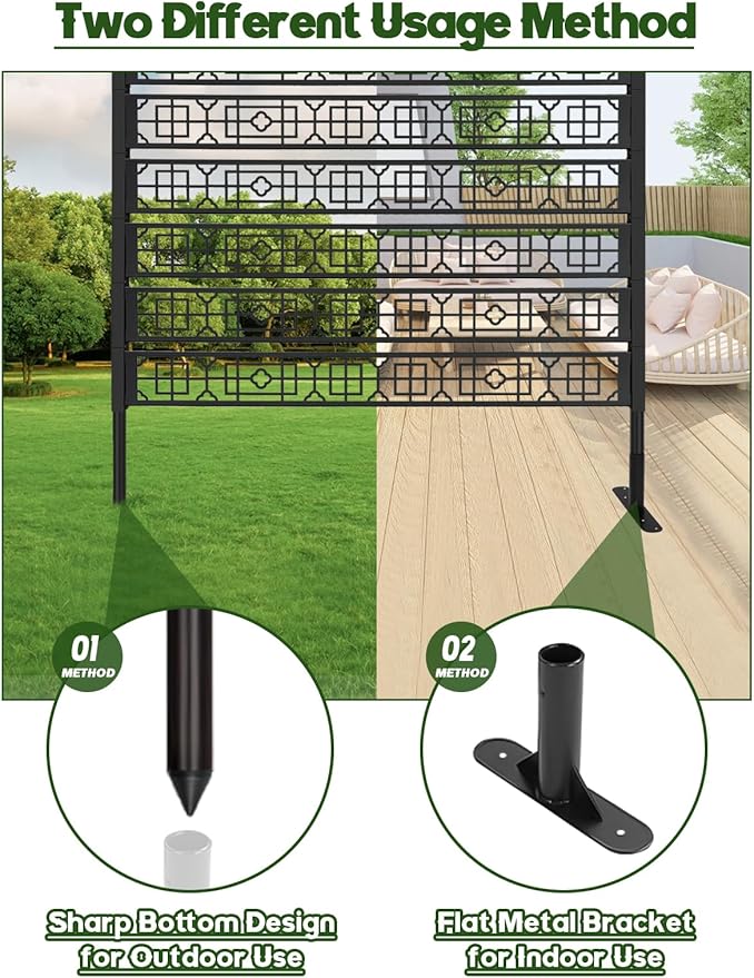 6FT Metal Privacy Screen for Outdoor, Kalolary Privacy Fence Screen Freestanding Steel Privacy Fence Panels with Stand Decorative No-dig Space Divider Fence for Patio Balcony Backyard Indoor