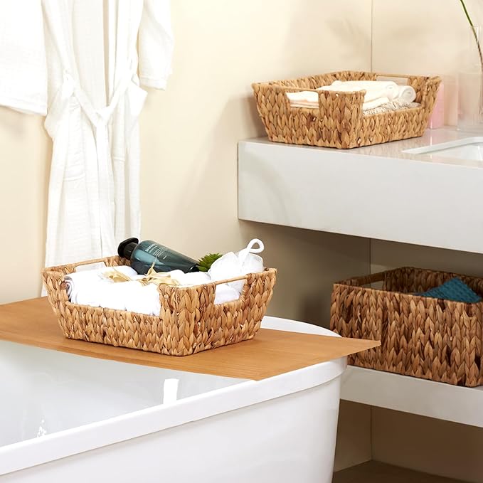Wicker Baskets 2 Pack, Water Hyacinth Wicker Storage Basket with Handles, Pantry Baskets Organization and Storage, Handmade Large Wickers Baskets for Organizing, Natural