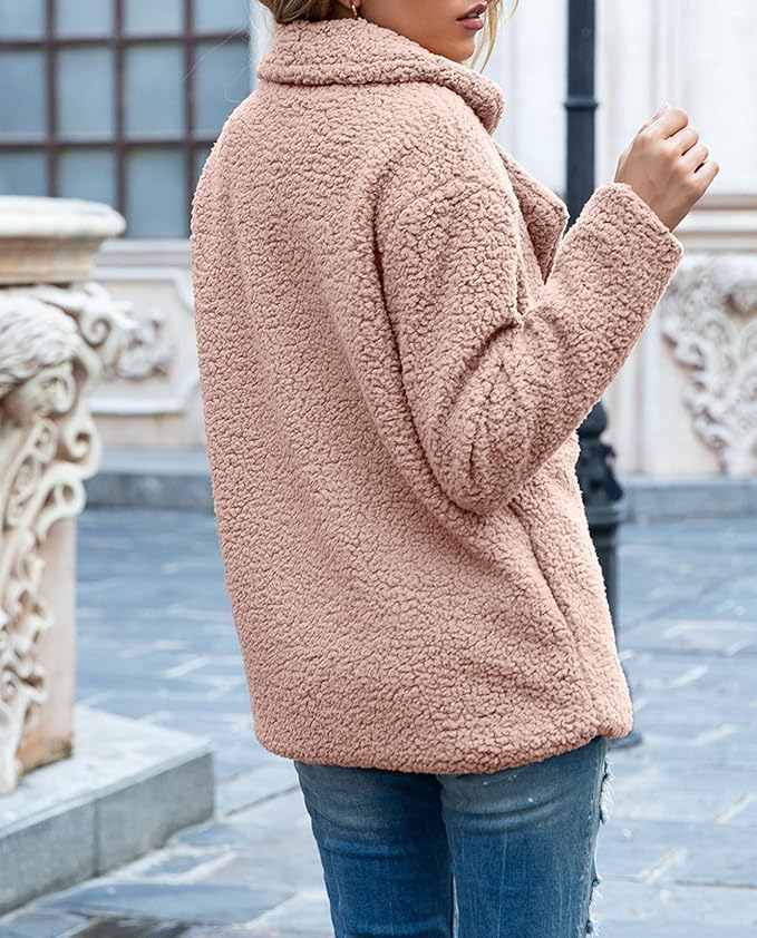 Women's Winter Warm Plush Cardigan Fuzzy Fleece Lapel Jacket with Buttons Pockets Long Sleeve Casual Outerwear