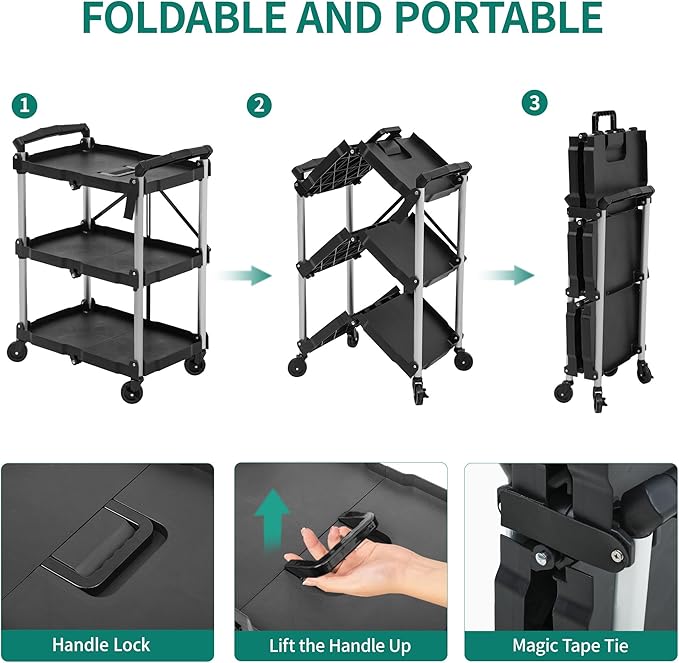 YITAHOME 240LBS Folding Utility Cart with Wheels, Foldable Utility Service Cart 3 Tier Collapsible Rolling Cart with 360°Swivel Wheels (2 with Brakes), Portable Cart for Home Garage Restaurant Office