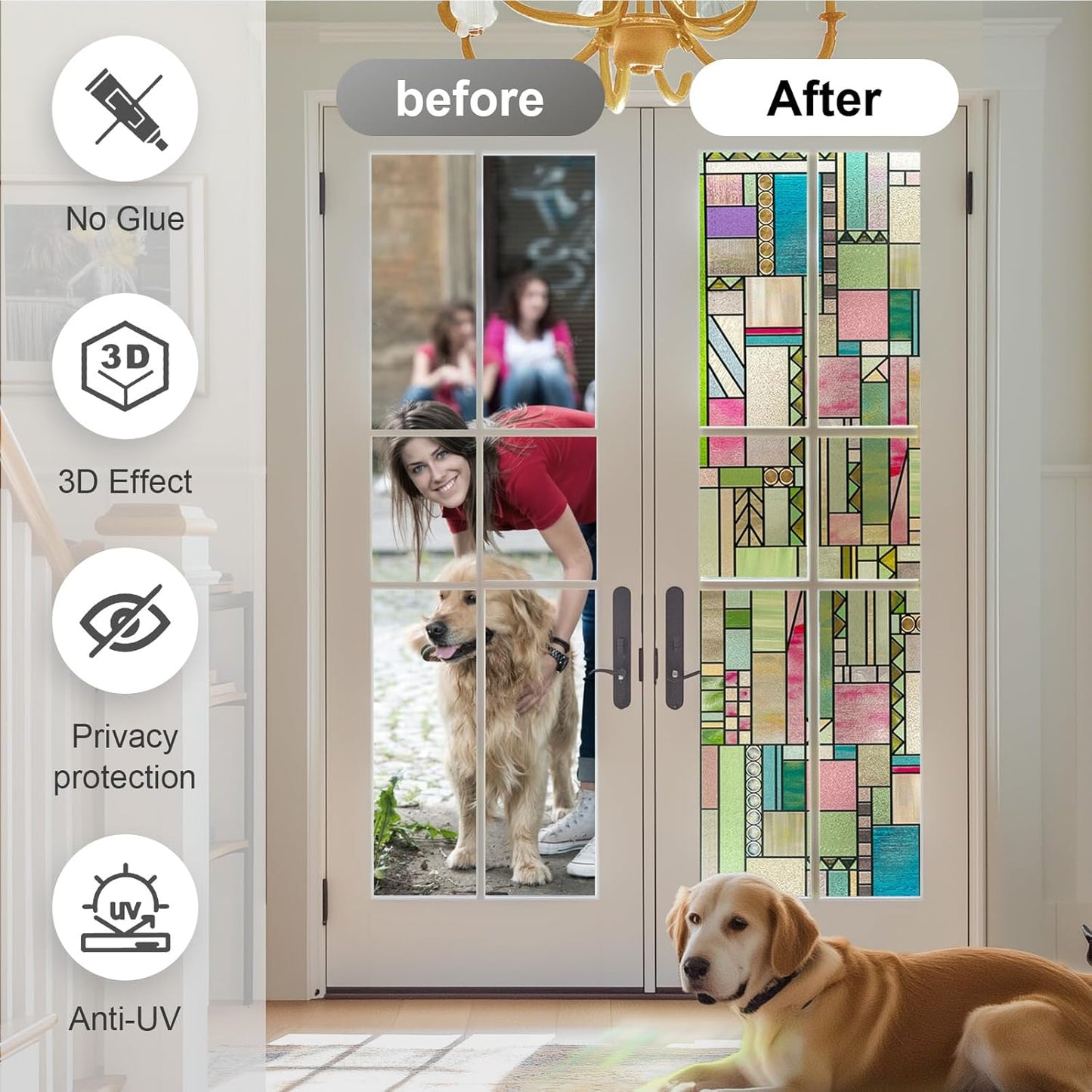 3D Stained Glass Window Privacy Film, Heat Control UV Blocking Static Cling Decorative Window Film for Bathroom,Front Door,Home Non Adhesive,Colorblock 16.9 x 39.3 inches