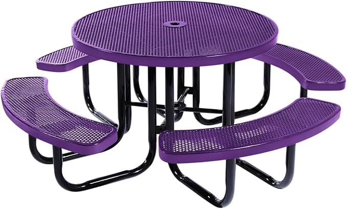 COATEDOUTDOORFURNITURE Heavy-Duty Portable Outdoor Picnic Table with Umbrella Hole, Punched Steel Commercial-Grade Patio Dining Furniture Made in America (46" Round Top, Purple)