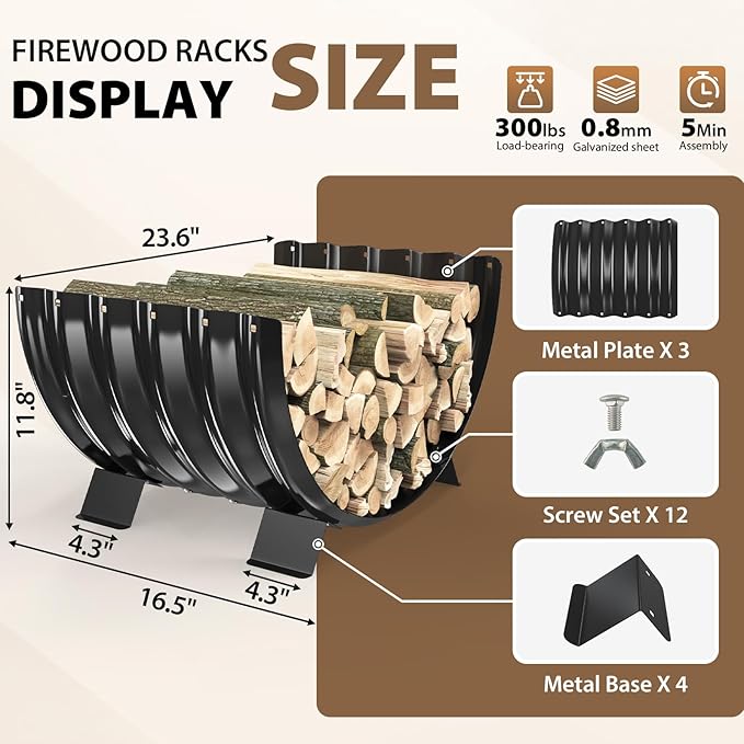 24 inch Diameter Semicircle Firewood Rack Storage -0.8MM Thick Galvanized Steel with Wave Pattern & 4 Stable Feet, Black Coated for Indoor/Outdoor Wood Storage (2FT Diameter)