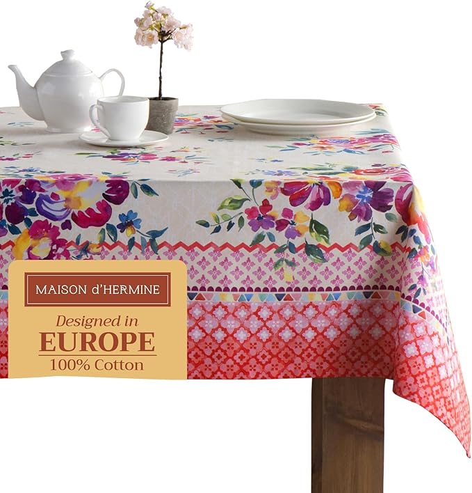 Maison d' Hermine Table Cloth Square Table 100% Cotton 60 x 60 Inches Tablecloth Reusable Decorative Everyday Use for Dining Room, Farmhouse, Home, Party, Festive & Wedding Spring Summer - Rose Garden