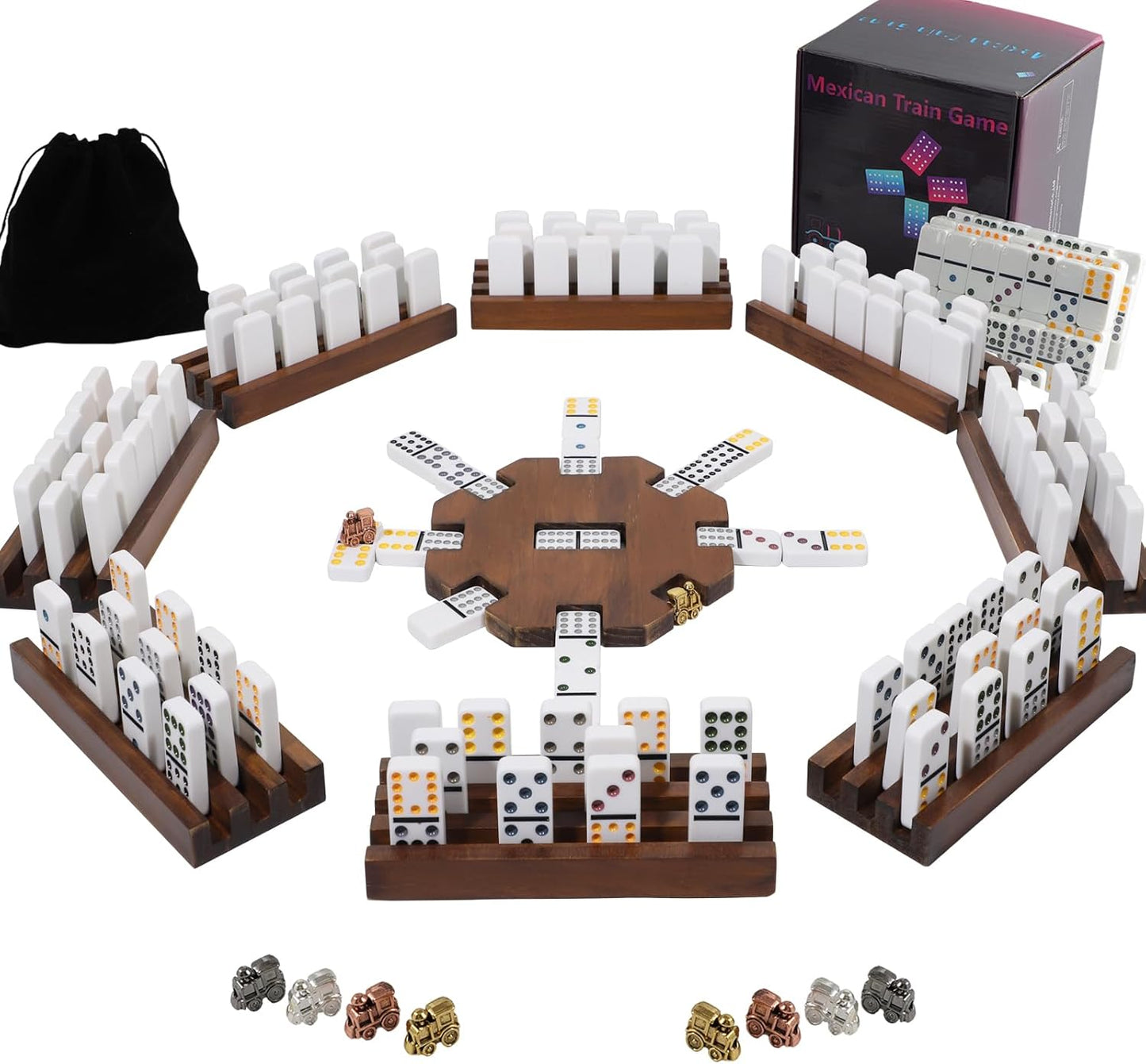 8 Players Mexican Train Dominoes Game Set - Double 12 Dominoes with Wooden Hub, 8 Metal Trains & Domino Storage Bag| Family Board Game for 2-8 Players