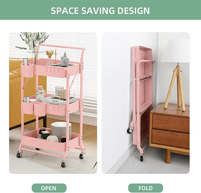 3-Tier Folding Rolling Utility Cart with Wheels, Metal Foldable Storage Cart Organizer with 3 Hanging Cups & 6 Hooks for Kitchen, Office, Living Room, Nursery(Pink)