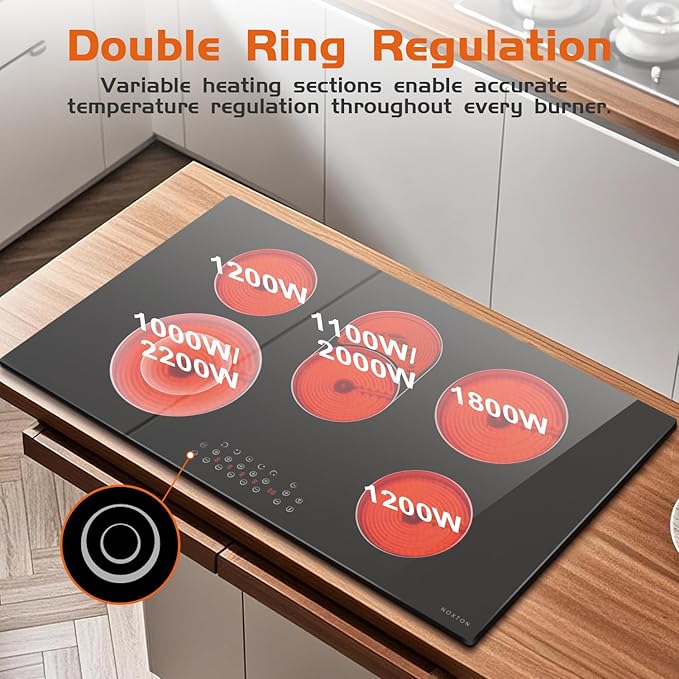 Noxton 36 Inch Electric Cooktop 5 Burner Electric Stove Top, Built-in Radiant Ceramic Cooktop with Extended Zone, Sensor Touch Control, Child Safety Lock, Timer, Pause, 8400W 240V Hard Wire