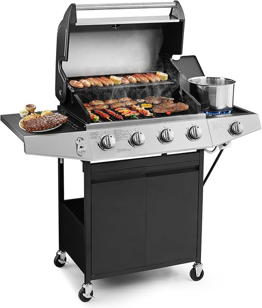 Lyromix 4 Burners Gas Grill with Side Burner, Propane Grill with Wheels and Storage, Outdoor Gas BBQ with Oil Tray and Thermometer for Patio and Party, 49200 BTU