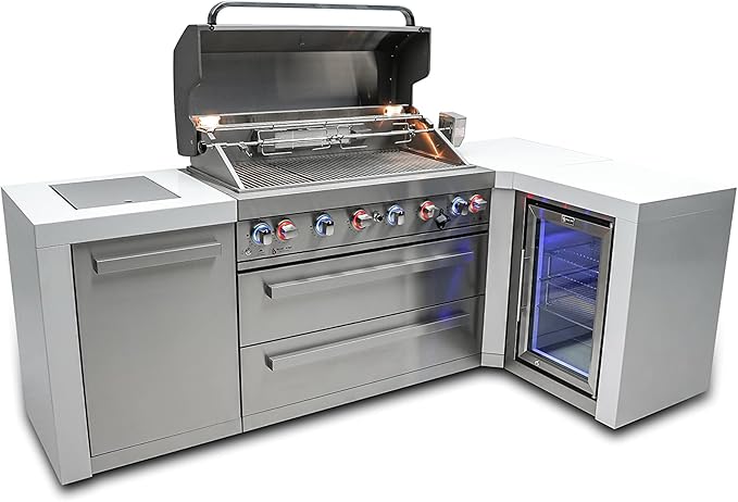 Mont Alpi MAi805-D90FC 44-inch 6-Burner 115000 BTU 90 Degree Corner Deluxe Stainless Steel Gas Outdoor Barbecue Island Grill w/Lockable Compact Refrigerator + Infrared Side Burner + Rotisserie Kit