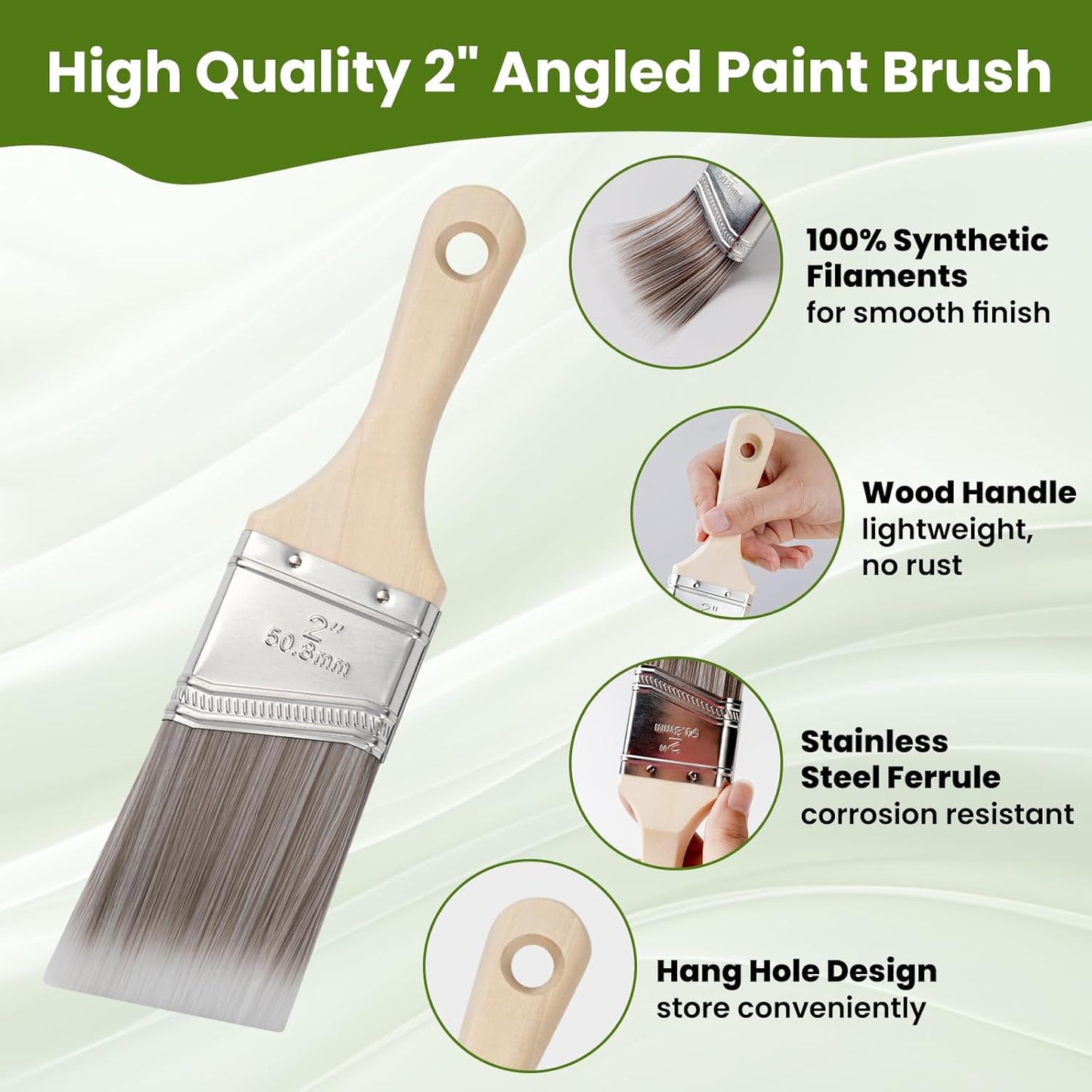 Paint Brushes, 2 Inch, 2 Pack, Angled Brushes with Short Handle, Shortcut Paintbrush for Paints and Stains, Small Paint Brushes for Walls, Furniture, Cabinets and Home Improvement