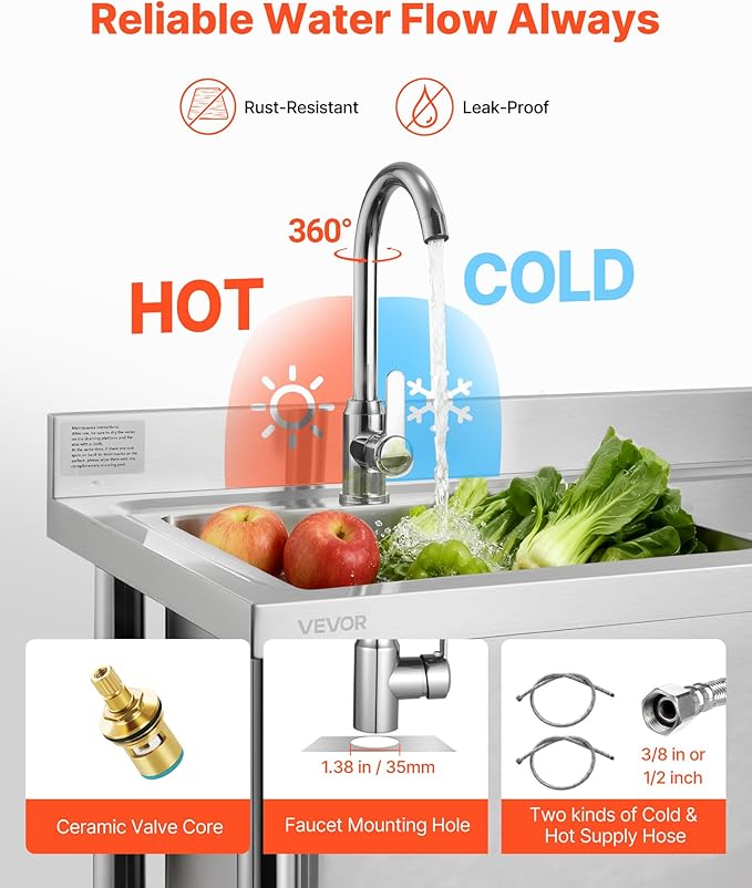 VEVOR Stainless Steel Utility Sink, Free Standing Single Bowl Commercial Kitchen Sink with Faucet, Utility Right Basin Workbench with Hot & Cold Water Pipe for Garage Restaurant Laundry, 47x19.7x37 in