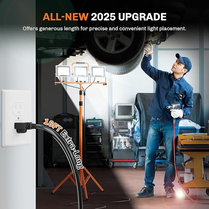 Upgraded 21000Lumen LED Work Lights with Stand - 3 Head Adjustable Work Light with 16FT Cord - IP66 Waterproof Tripod Worklights with Individual Switch for Outdoor Indoor Portable & All-round Lighting