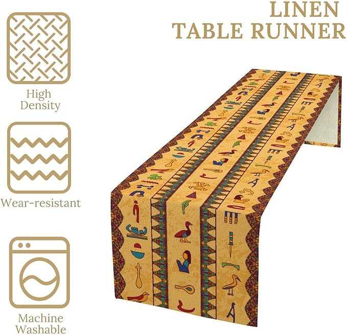 Egyptian Table Runner, Colorful Ancient Egyptian Hieroglyphs Floral Geometric Table Runner for Kitchen Family Dining Holiday Party Farmhouse 13x36in